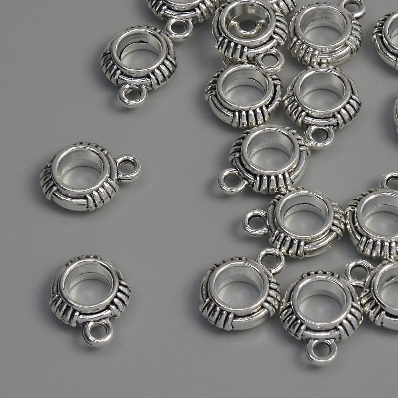 Silver bail hardware, dimensions 13×10×4 mm ±, holes diameter 5 mm ±, diameter 1.8 mm ±, packaging 18 pcs