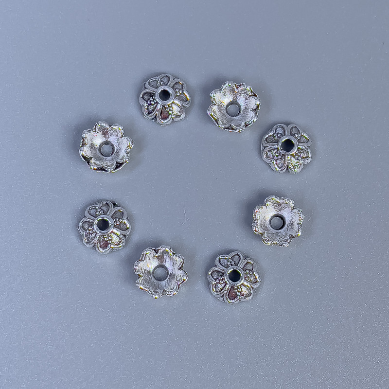Bead cap findings, silver-colored metal, diameter 6x0.8 mm, hole diameter ~1 mm, packaging 20 g (~160 pcs)