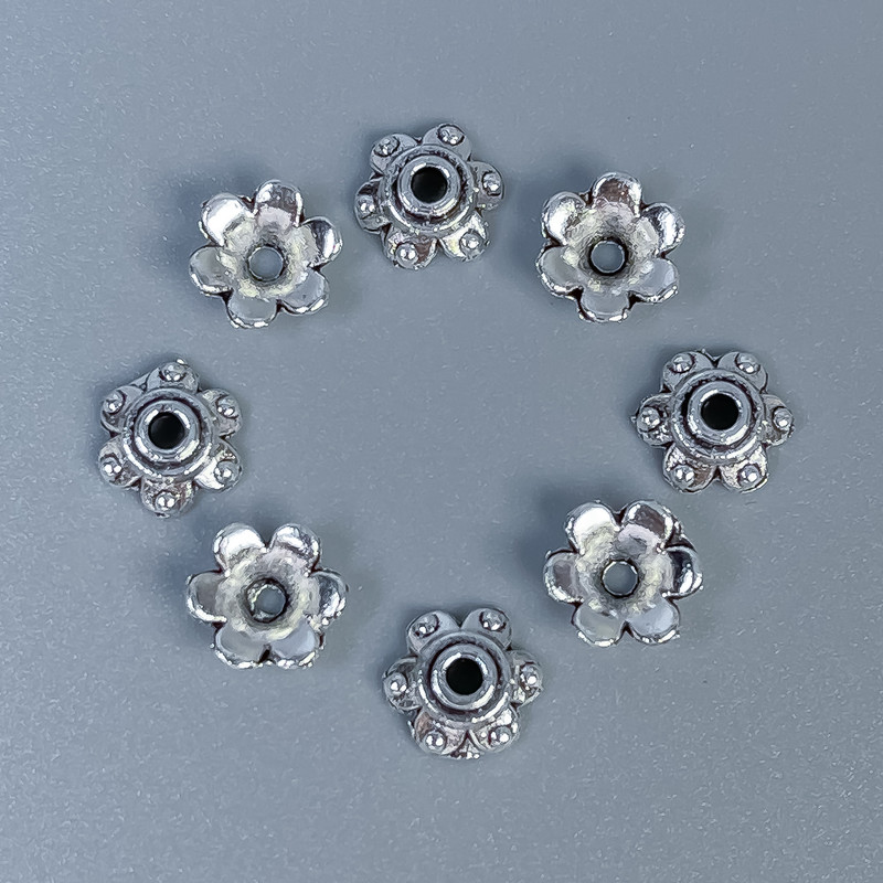Bead caps for beads, silver color, diameter 6×0.9 mm, hole diameter ~2 mm, packaging 20 g (~110 pcs)