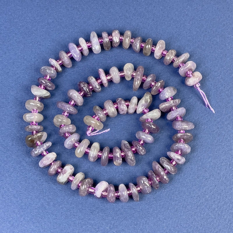 Lepidolite Beads, Tumbled, 9x4 mm, with Seed Beads on Thread, Length 38 cm