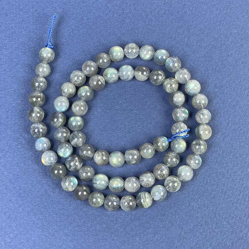 Labradorite beads, smooth round ball 6mm+- on cord, length 40cm+