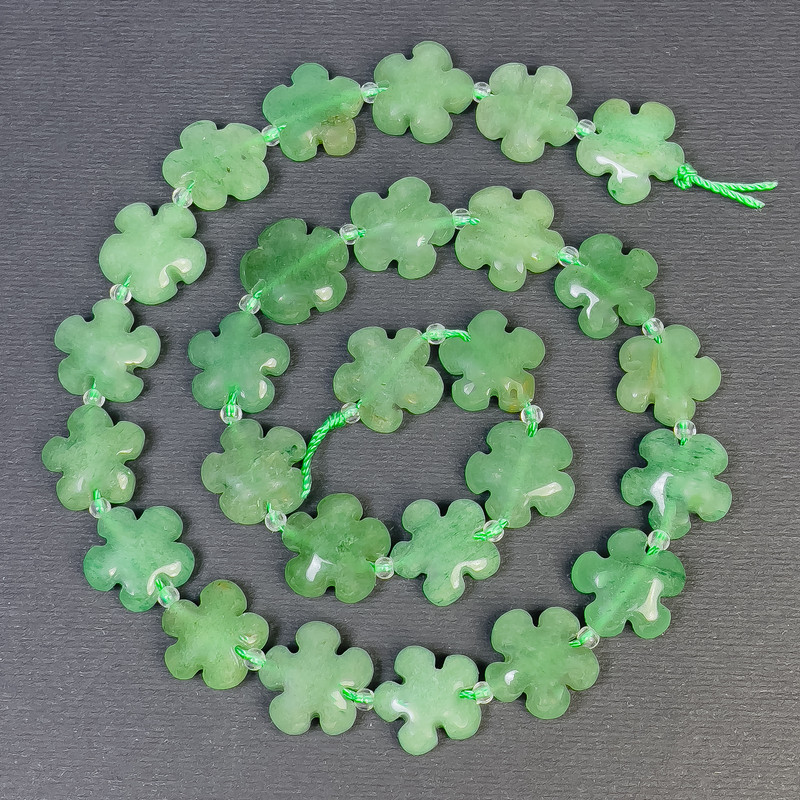 Jade Beads Flower Shape, Natural Stone, Diameter 15×6 mm ± Hole, Diameter 1 mm ± Seed Beads, Diameter 3 mm, Length 41 cm +
