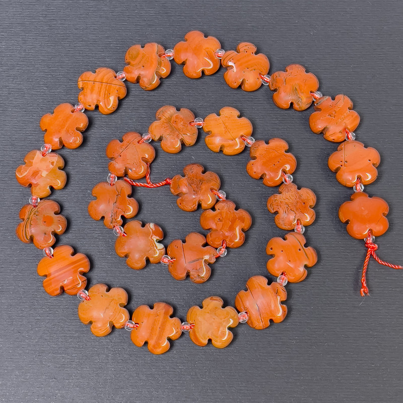 Red Jasper Beads, Natural Stone, Flower Shape, 15×6 mm, hole 1 mm, seed bead diameter 3 mm, length 41 cm