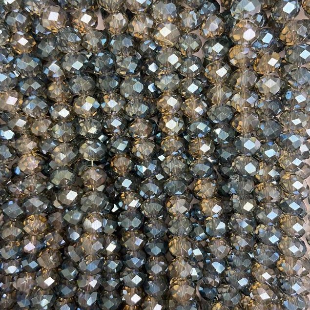 Gray Czech Crystal Beads on Thread, Gray with Silver Coating, Faceted Rondelle, 8x6.5 mm, Length 38-40 cm