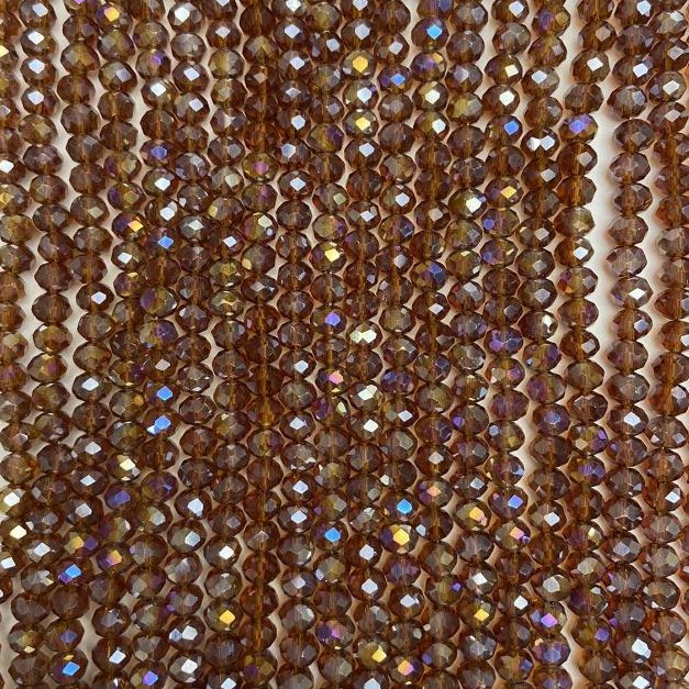 Beads Czech Crystal on Thread, Brown Transparent with Gasoline Finish, Faceted Rondelle, 6×5 mm, Length 40–41 cm