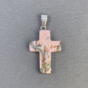 Rhodonite Cross Pendant Natural Stone 25x18x36mm+