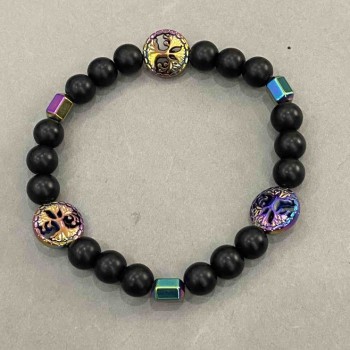 Bracelet with shungite smooth beads, 8 mm diameter ±, hematite coin 12 mm ±, faceted cylinder 8×5 mm ±, length 18 cm (stretch)