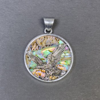 Pendant Chalcedony Eagle, Silvery Metal, diameter 32 mm+