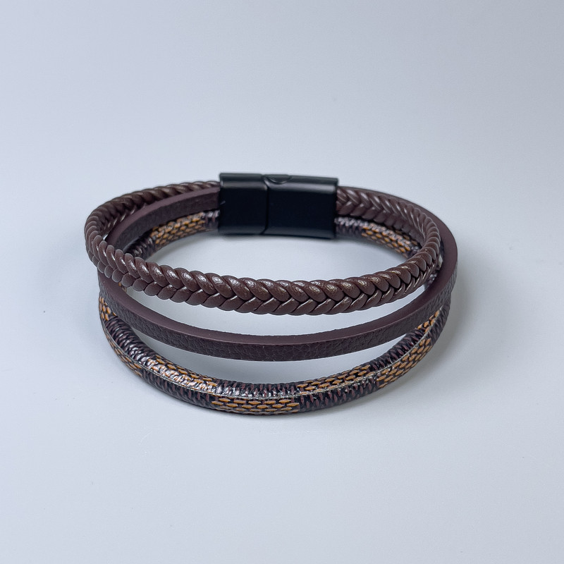 Triple men's bracelet in brown eco-leather, thickness 11–18 mm, length approximately 22 cm, black metal clasp