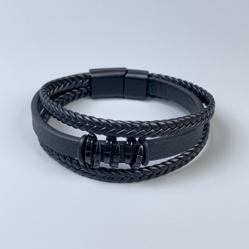 Triple Men's Bracelet in Black Eco-Leather with Metal Inserts, 12-24 mm Thick, 22 cm Long, Black Metal on Clasp