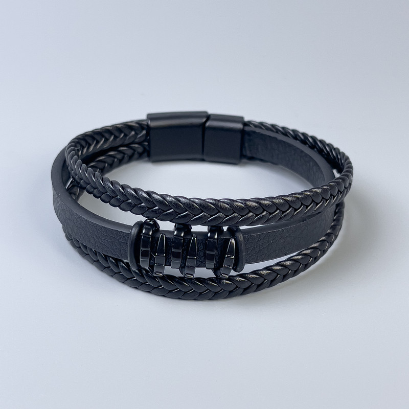 Triple Men's Bracelet in Black Eco-Leather with Metal Inserts, 12-24 mm Thick, 22 cm Long, Black Metal on Clasp