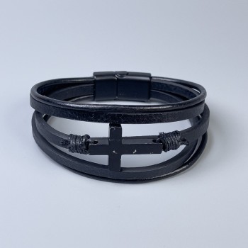 Triple men's eco-leather bracelet with metal inserts, thickness 10-22 mm, length 22 cm, black metal clasp