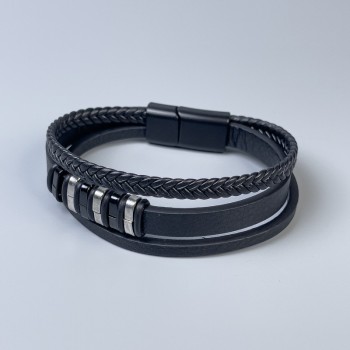 Triple men's eco-leather bracelet, black, 10-20 mm thick +/- with metal inserts, length 22 cm +/-, black metal clasp