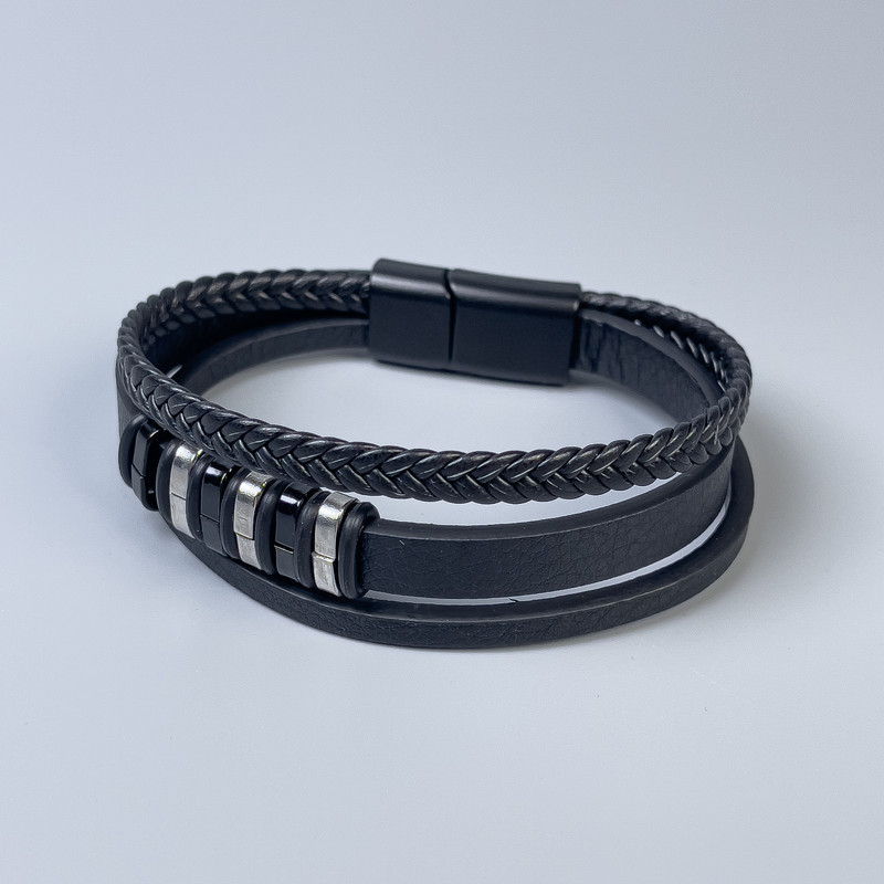 Triple men's eco-leather bracelet, black, 10-20 mm thick +/- with metal inserts, length 22 cm +/-, black metal clasp