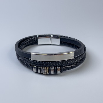 Men's bracelet in black eco-leather with metal inserts, thickness 11-25 mm +/-, length 22 cm +/-, silver-tone metal on the clasp