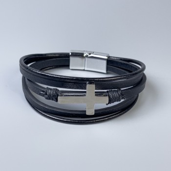 Men's eco-leather bracelet, black with metal inserts, thickness 10-22 mm ±, length 22 cm ±, silver-toned metal on the clasp