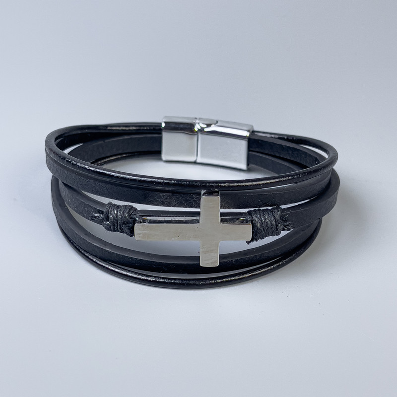 Men's eco-leather bracelet, black with metal inserts, thickness 10-22 mm ±, length 22 cm ±, silver-toned metal on the clasp