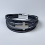 Men's eco-leather bracelet, black with metal inserts, thickness 10-22 mm ±, length 22 cm ±, silver-toned metal on the clasp