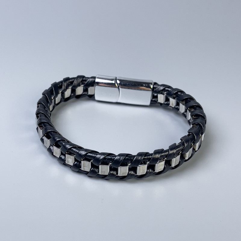 Men's eco-leather bracelet in black with metal inserts, 12 mm thick, 22 cm long, silver-toned metal on the clasp