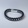 Men's eco-leather bracelet in black with metal inserts, 12 mm thick, 22 cm long, silver-toned metal on the clasp