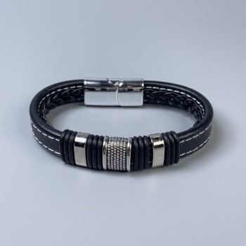 Men's eco-leather bracelet, black with metal inlays, 11 mm thick, 22 cm long, silver-toned metal on the clasp