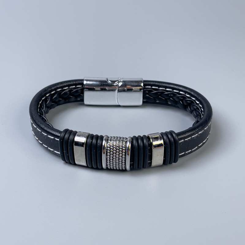 Men's eco-leather bracelet, black with metal inlays, 11 mm thick, 22 cm long, silver-toned metal on the clasp