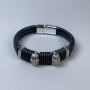 Men's black eco-leather bracelet with metal inlays, 11 mm thick, 22 cm long, silver-toned metal on the clasp