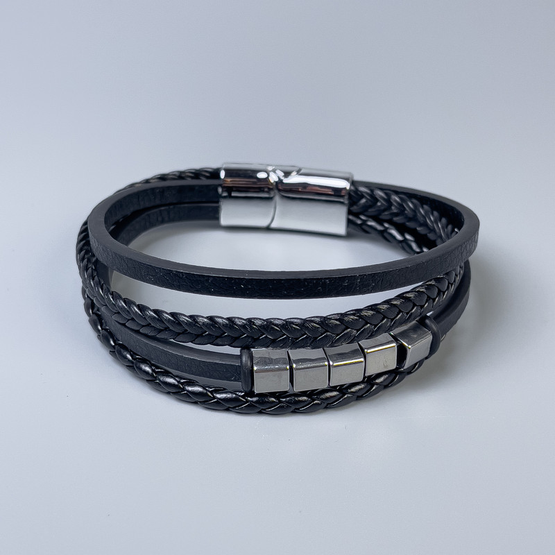 Men's eco-leather bracelet, black with metal inlays, thickness 10–20 mm, length 22 cm, silver-tone metal on the clasp