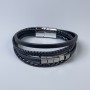 Men's eco-leather bracelet, black with metal inlays, thickness 10–20 mm, length 22 cm, silver-tone metal on the clasp