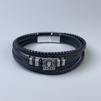 Men's Eco-Leather Bracelet in Black with Metal Inlays, 12–25 mm Thick, 22 cm Long, Silver-Toned Metal on the Clasp