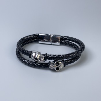 Men's black eco-leather bracelet with metal inlays, 10 mm thick, 22 cm long, silver-toned metal on the clasp