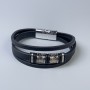 Men's eco-leather bracelet in black with metal inlays, thickness 10 mm +/-, length 22 cm +/-, silver-toned metal on the clasp