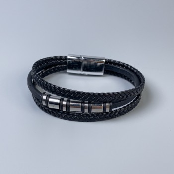 Men's black eco-leather bracelet with metal inserts, thickness 10–18 mm, length 22 cm, silver-tone metal on the clasp
