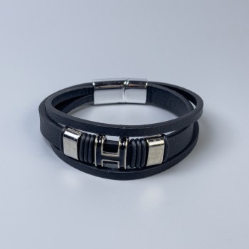 Men's eco-leather bracelet in black with metal inlays, thickness 12-25 mm +/-, length 22 cm +/- - silver-toned metal on the clasp