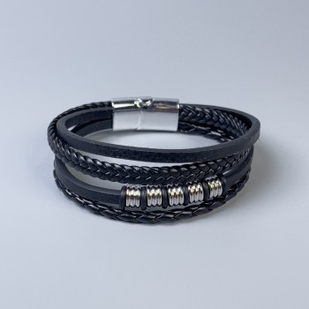 Men's black eco-leather bracelet with metal inserts, thickness 10–20 mm, length 22 cm, silver-toned metal on the clasp