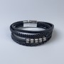 Men's black eco-leather bracelet with metal inserts, thickness 10–20 mm, length 22 cm, silver-toned metal on the clasp