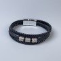 Men's eco-leather bracelet in black with metal inlays, thickness 12-18 mm, length 22 cm, silver-colored metal on the clasp