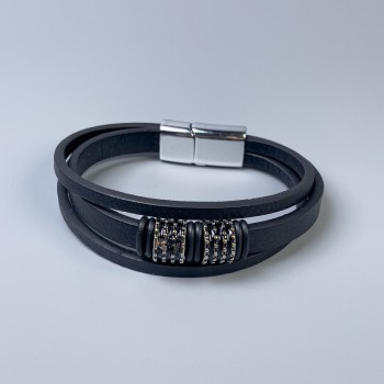 Men's eco-leather bracelet, black with metal inlays, thickness 10-20 mm, length 22 cm, silver-toned metal on the clasp