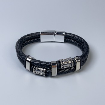 Men's eco-leather bracelet in black with metal inserts, approximately 12 mm thick, 22 cm long, silver-toned metal on the clasp