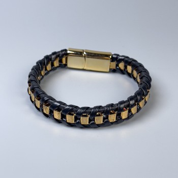 Men's Black Eco-Leather Bracelet with Metal Inserts, Thickness 13 mm +/-, Length 22 cm +/-, Gold-Tone Metal on Clasp