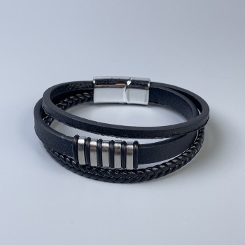 Men's eco-leather bracelet, black with metal inserts, thickness 10-20 mm, length 22 cm, with a clasp