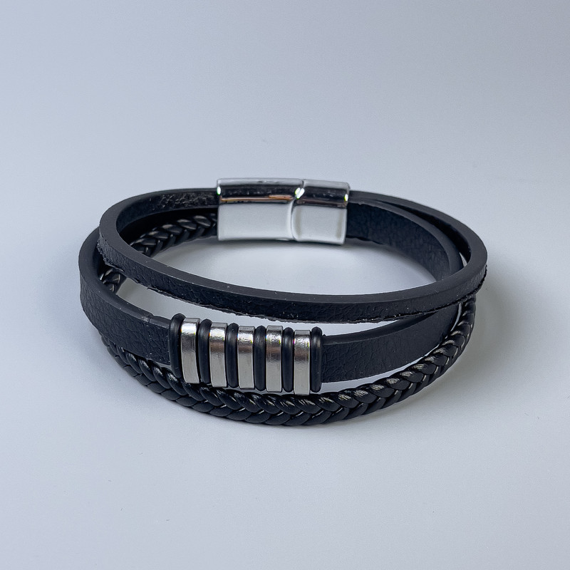 Men's eco-leather bracelet, black with metal inserts, thickness 10-20 mm, length 22 cm, with a clasp
