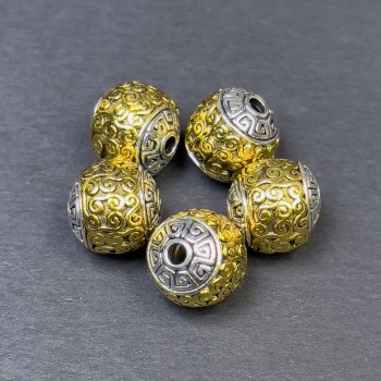 Bead insert in silver- and gold-toned metal, 11x11 mm diameter, hole diameter 2.5 mm