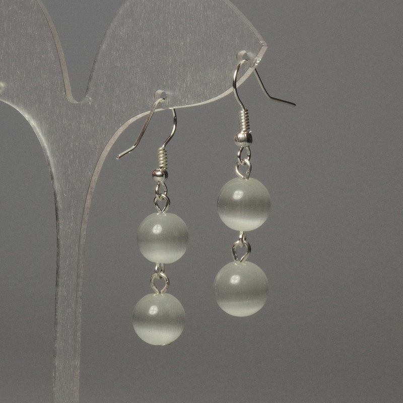 Cat's Eye Bead Earrings, 10mm ± light gray color, length 42mm+