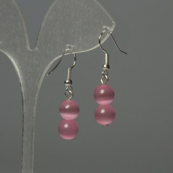 Cat's Eye Bead Earrings, 8 mm, Pink Color, 35 mm Length