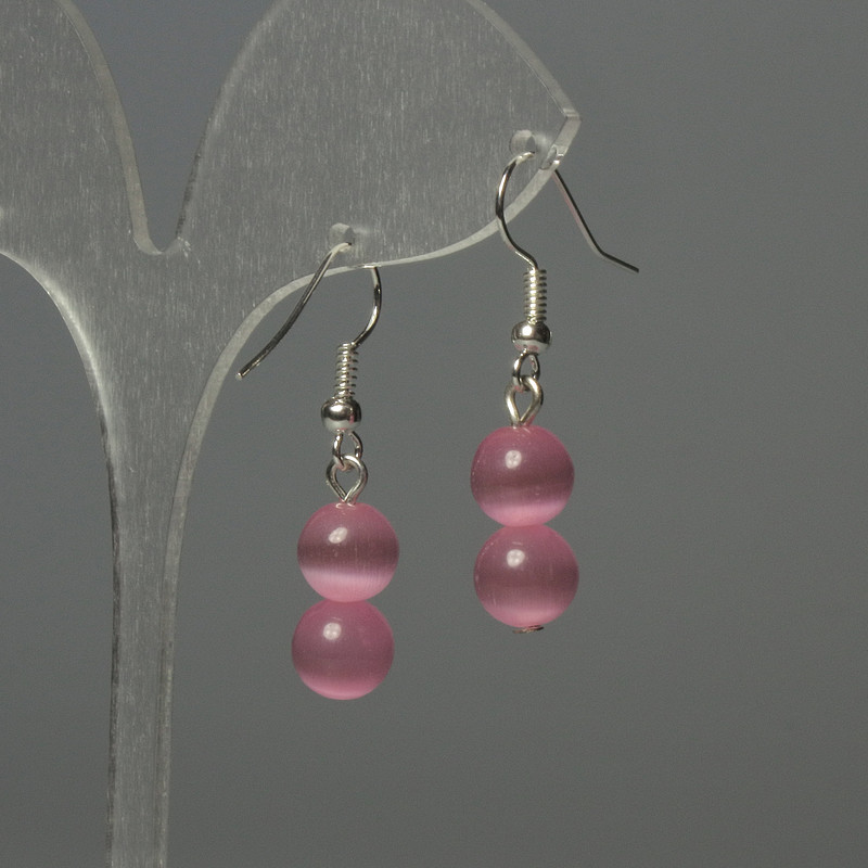 Cat's Eye Bead Earrings, 8 mm, Pink Color, 35 mm Length