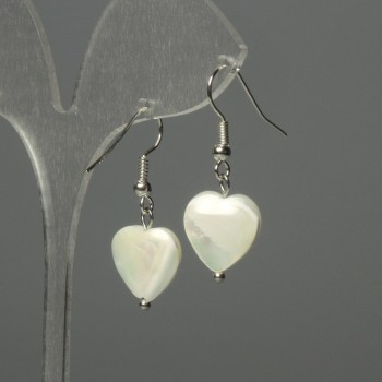 Heart-shaped Earrings with Mother-of-Pearl, 12mm Heart Diameter, 30mm Length