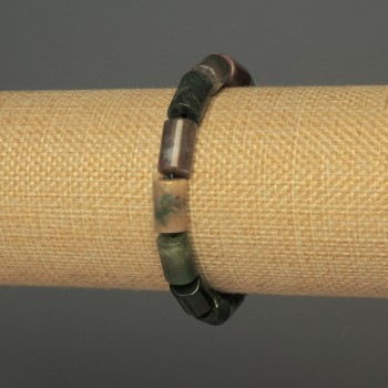 Moss Agate Bracelet, Cylindrical Beads, diameter 12×8 mm ±, length 18 mm ±, stretch