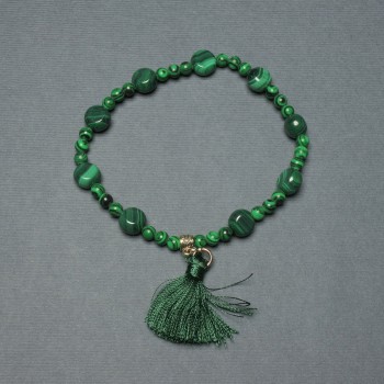 Malachite Coin Bracelet, 8 mm diameter coins and 4 mm smooth beads, length 18 mm, stretch