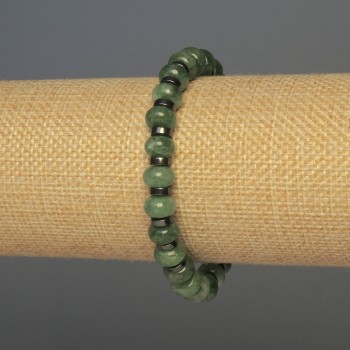 Bracelet with Green Strawberry Quartz Rondelle Beads, diameter 8.5×5 mm ±, Hematite 6×2 mm ±, length 18 mm ±, stretchy